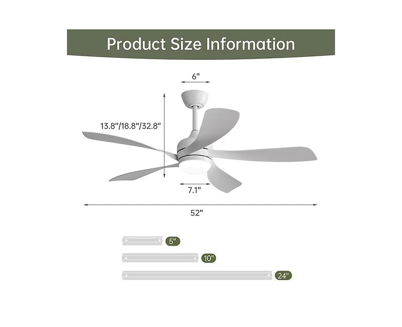 Sofucor 52-inch Minimalist White 5-Blade Flush Mount with Remote Control and Led Light