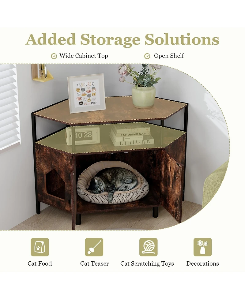 Gymax Corner Cat Litter Box Enclosure End Table w/ Open Shelf 2 Entries Double Doors