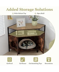 Gymax Corner Cat Litter Box Enclosure End Table w/ Open Shelf 2 Entries Double Doors