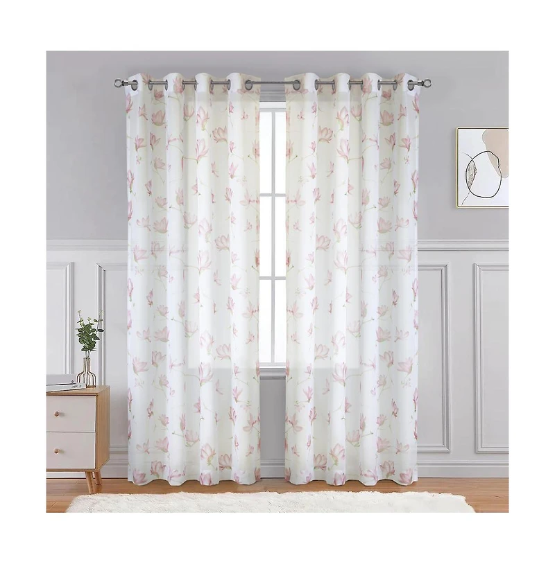Habitat Magnolia Light Filtering Pink Watercolor Floral Print Grommet Curtain Panel 52" x 108" White Pink
