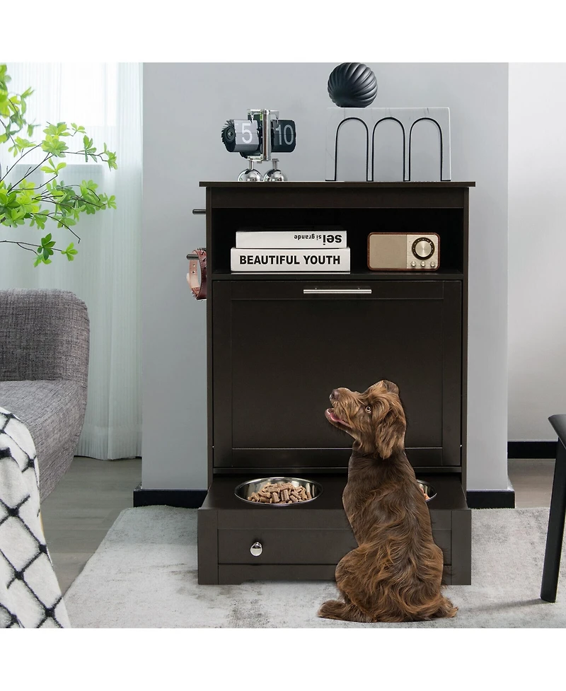 Gymax Pet Feeding Station Furniture w/ Double Pull Out Dog Bowl Food Cabinet