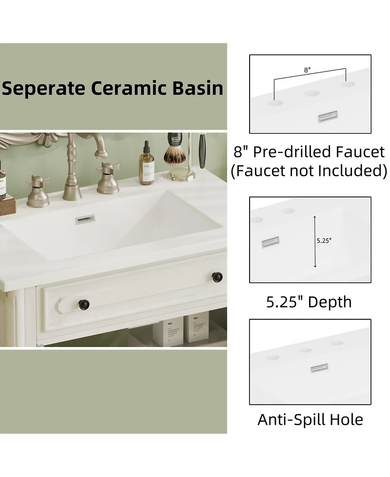 Boyel Living 31" Vintage Bathroom Vanity with Sink, Soft-Close Doors, Curved Profile & Adjustable Shelf, Gray