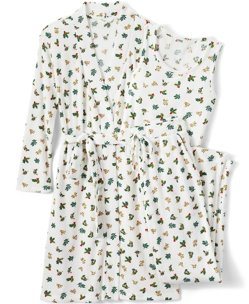 Lands' End Women's Brushed Cozy Waffle Jersey 3 Piece Pajama Set - Tank Top Pant and Robe
