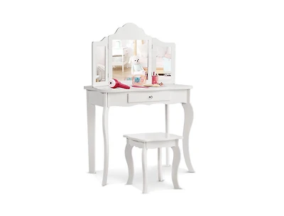 Kids Dressing Vanity Set with Detachable Tri-Folding Mirror and Stool,Pink