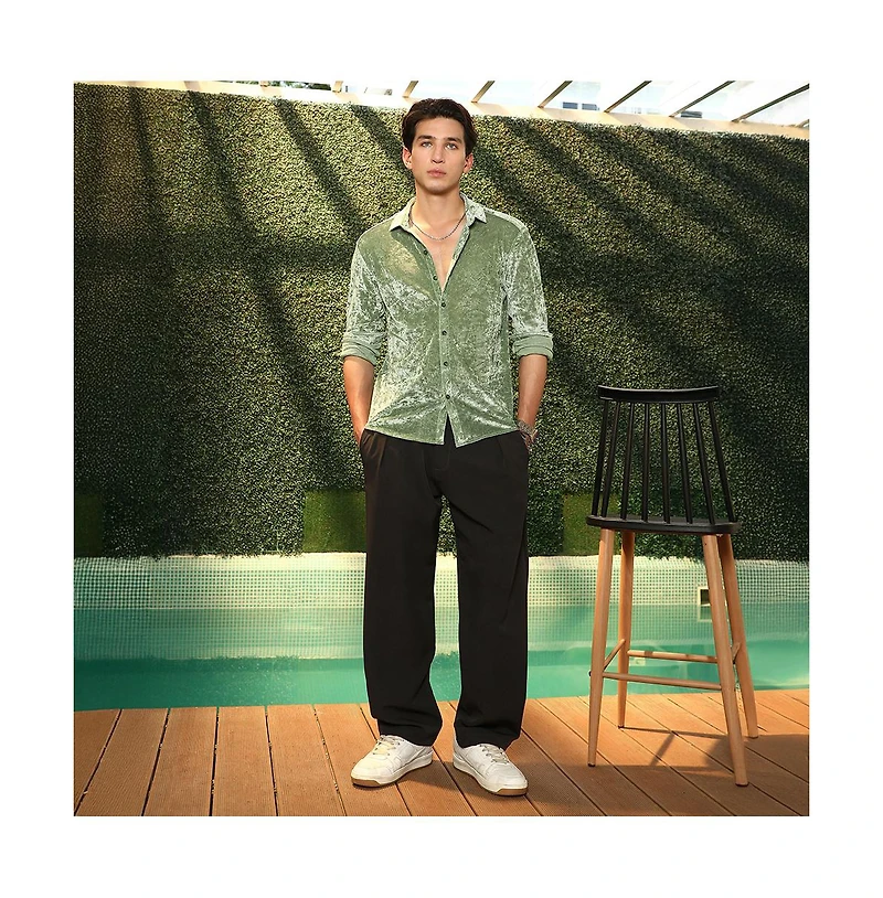 Campus Sutra Men's Sage Green Solid Velvet Shirt