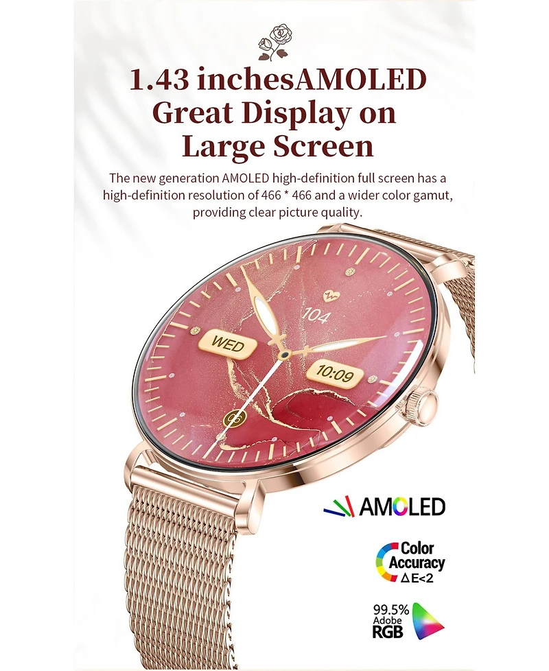 Ruxing 1.43" Amoled Smart Watch With Bluetooth Calling, Health Monitoring,Female Physiological Cycle for Women -Gold