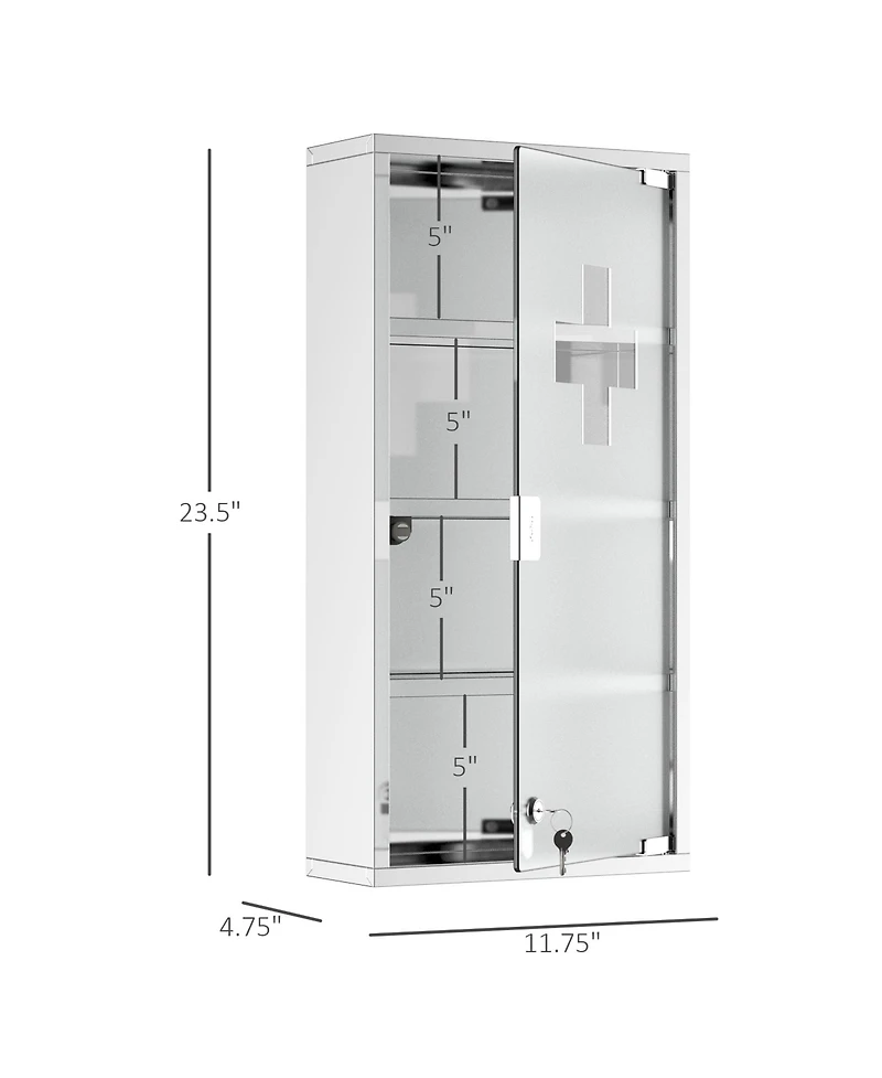 Airsurfer Wall Mounted Medicine Cabinet Locking Storage Cabinet with 4 Tier Shelves Stainless Steel Frame Glass Door