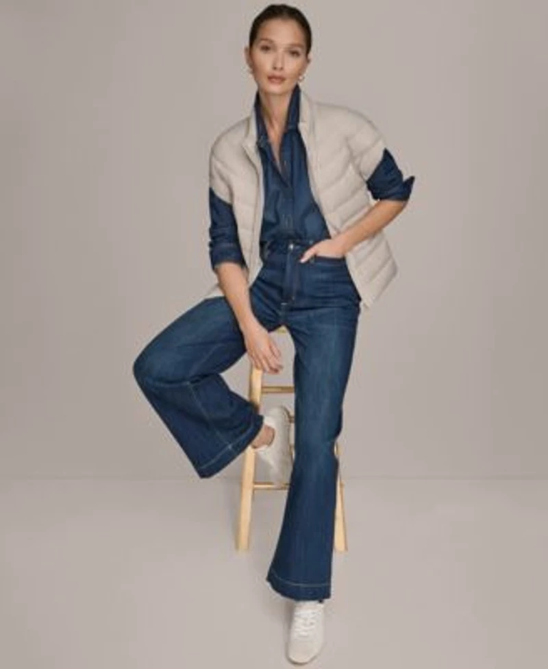 Donna Karen Weekend Womens Denim Shirt Wide Leg Jeans Cap Sleeve Puffer Jacket