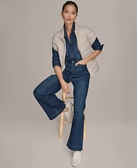 Donna Karen Weekend Womens Denim Shirt Wide Leg Jeans Cap Sleeve Puffer Jacket