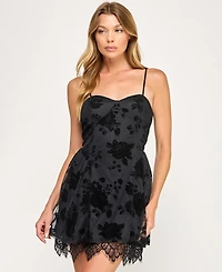 Seni & Cade Juniors' Flocked and Lace Sleeveless Dress