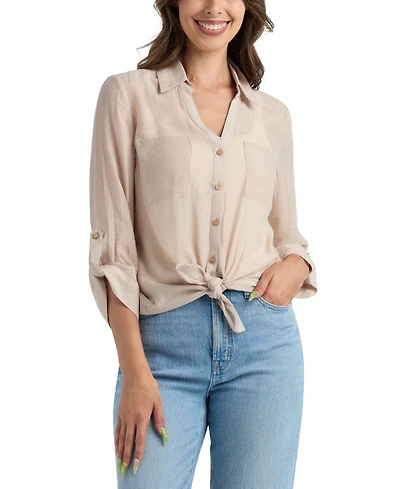 Bcx Women's Resort Gauzy Texture Collared Button Up Shirt