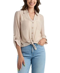 Bcx Women's Resort Gauzy Texture Collared Button Up Shirt