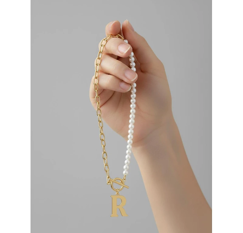 14K Gold Plated Initial Imitation Pearl Link Chain Necklace