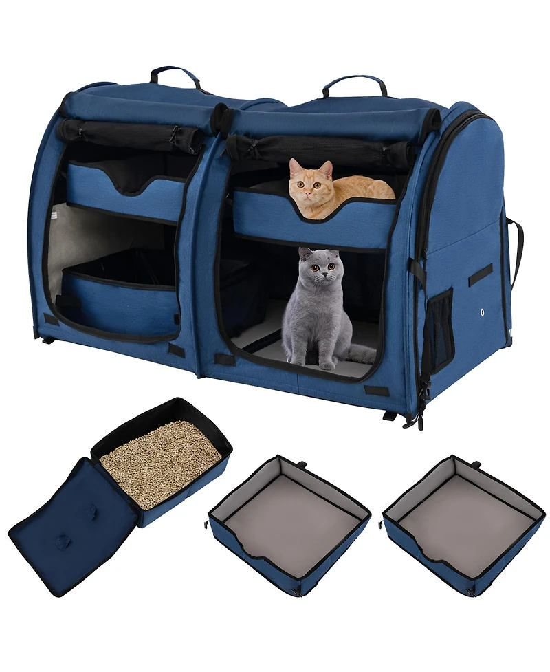 Gymax Portable Pet Carrier Kennel Cat Dog Crate Twin Compartments w/ Mats Litter Box