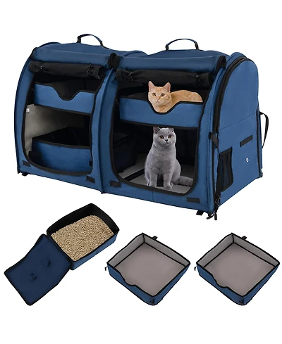 Gymax Portable Pet Carrier Kennel Cat Dog Crate Twin Compartments w/ Mats Litter Box