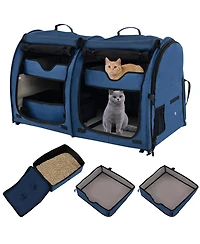 Gymax Portable Pet Carrier Kennel Cat Dog Crate Twin Compartments w/ Mats Litter Box
