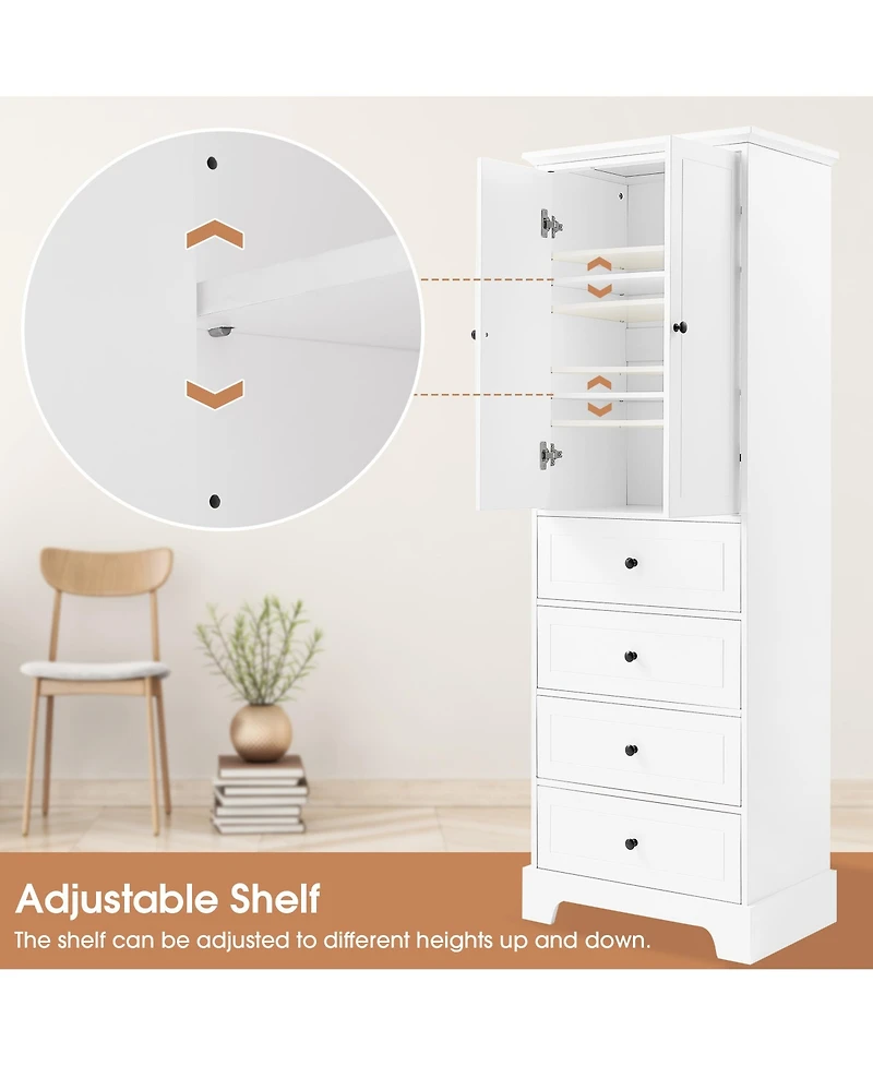 Airsurfer White Storage Cabinet with 2 Doors and 4 Drawers Shelf Mdf Board Painted Finish Freestanding Organizer for Bathroom Office or Living Room
