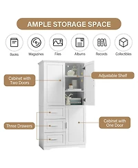 Airsurfer Tall and Wide Storage Cabinet with Doors and Three Drawers White Freestanding Organizer for Bathroom Office and Living Room