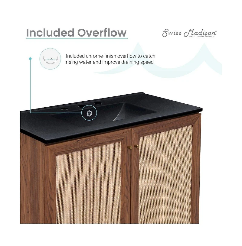 Swiss Madison 36" Freestanding Bathroom Vanity in Brown Oak, Black 3-Hole Widespread Sink Top