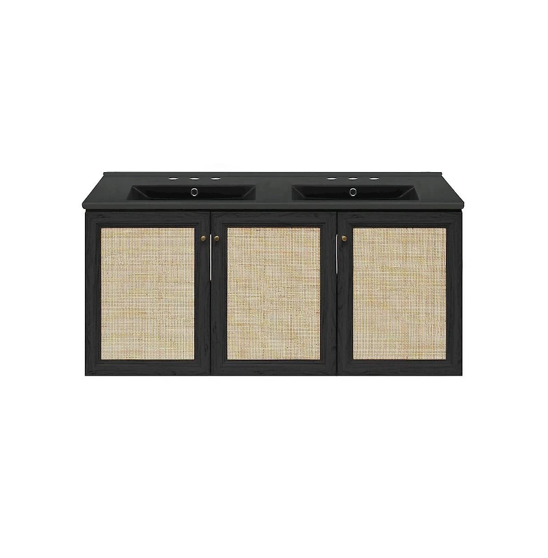 Swiss Madison48" Wall-Mounted Bathroom Vanity, Black 3-Hole Widespread Double Basin Sink Top