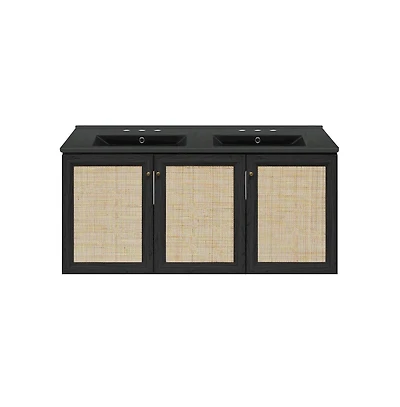 Swiss Madison48" Wall-Mounted Bathroom Vanity, Black 3-Hole Widespread Double Basin Sink Top