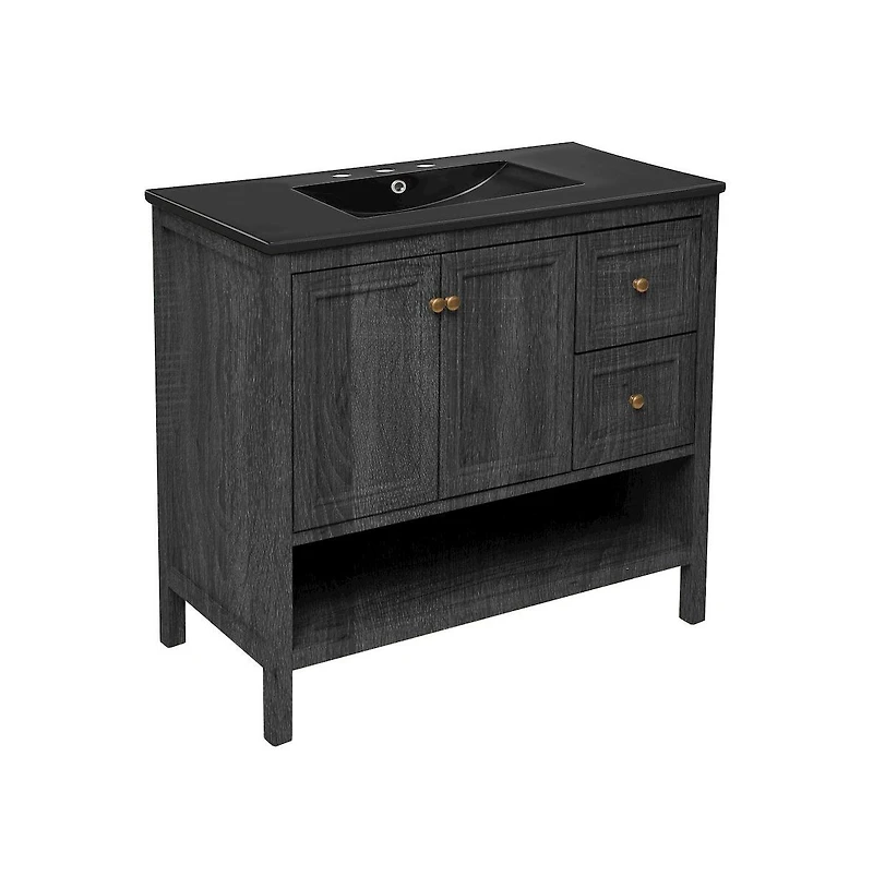 Swiss Madison 36" Freestanding Bathroom Vanity in Black Oak, Black 3-Hole Widespread Sink Top