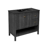Swiss Madison 36" Freestanding Bathroom Vanity in Black Oak, Black 3-Hole Widespread Sink Top