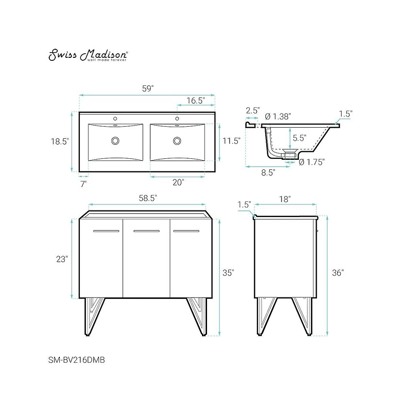 Swiss Madison 60 in. White, Double Basin Bathroom Vanity With Black Artificial Stone Sink Top