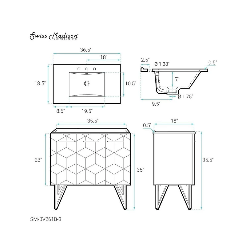 Swiss Madison Annecy 36 in. Phantom Black Bathroom Vanity With White, 3-Hole Ceramic Sink Top