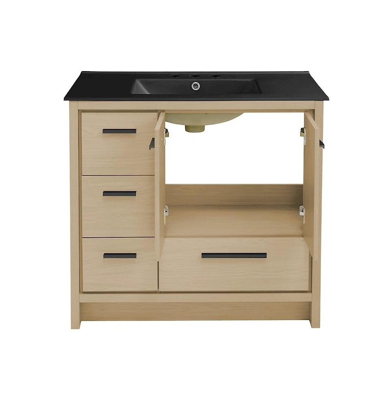 Swiss Madison Virage 36 in. Brown Oak Bathroom Vanity With Black, 3-Hole Ceramic Sink Top