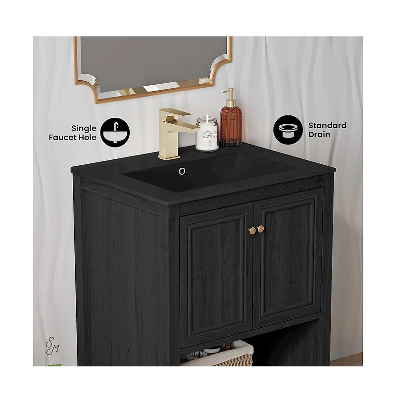 Swiss MadisonChateau 24" Freestanding Bathroom Vanity in Black Oak with Black Sink Top