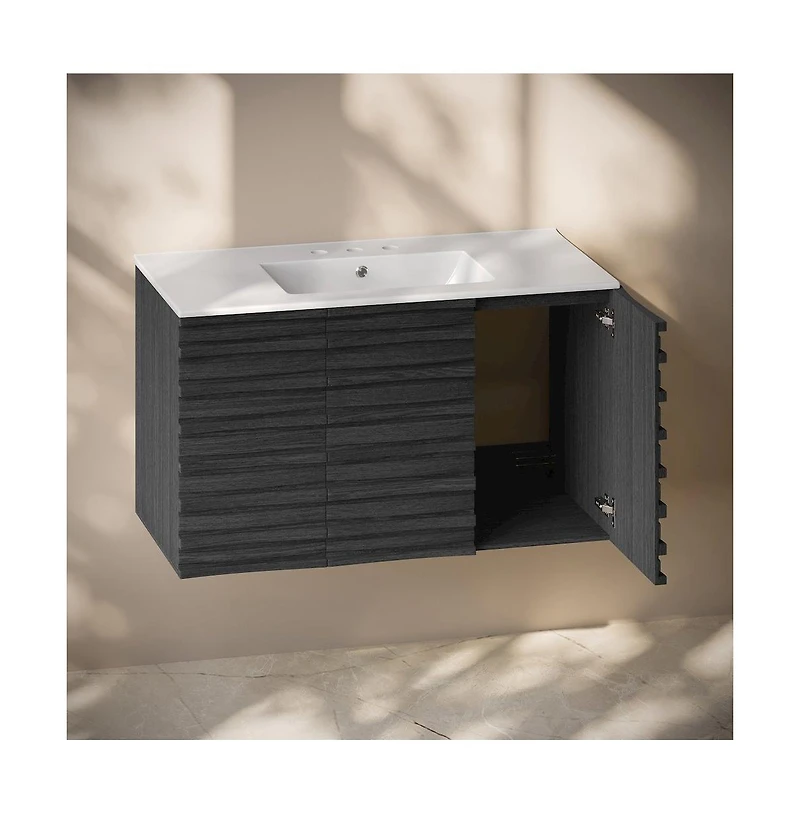 Swiss Madison 36" Wall-Mounted Bathroom Vanity in Black Oak with 3-Hole Widespread Sink Top