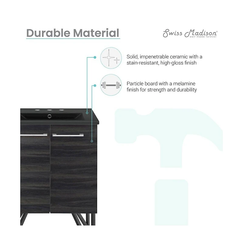 Swiss Madison Annecy 24 in. Black Walnut Bathroom Vanity With Black, 3-Hole Ceramic Sink Top