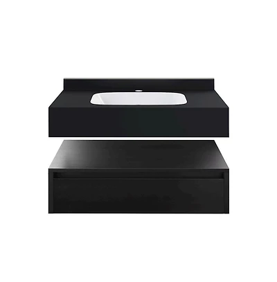 Swiss Madison Avancer 36" Wall-Mounted Bathroom Vanity in Black Oak with Black Marble Sink Top