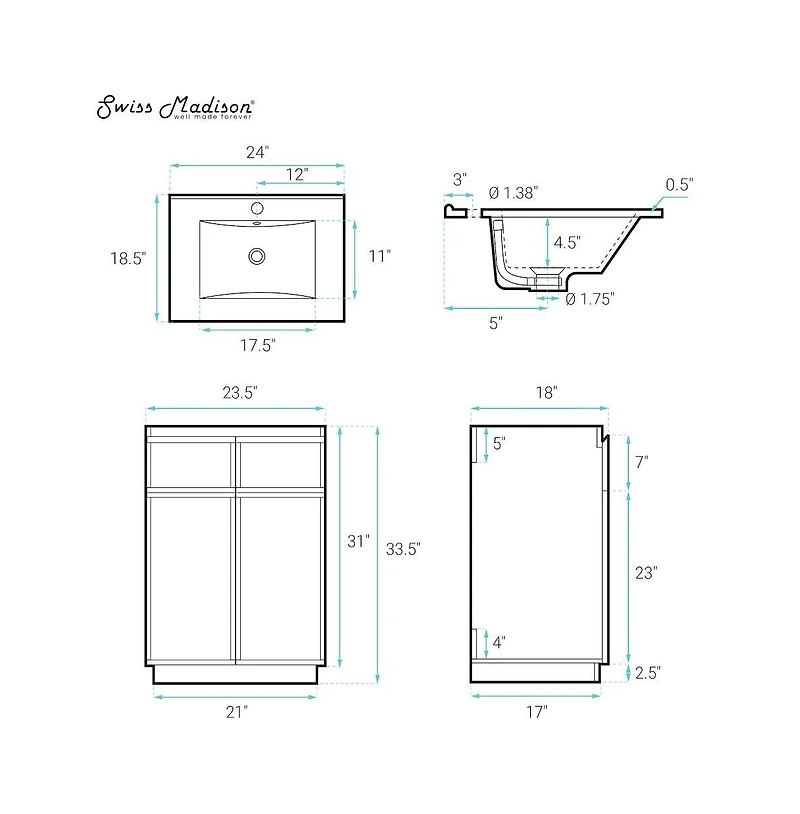 Swiss MadisonSt. Tropez 24" Freestanding Bathroom Vanity in Natural Oak with Sink Top