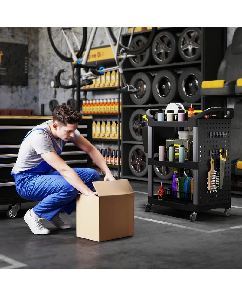 Homcom 3-Tier Rolling Tool Cart, Utility Cart with Side Shelf & Hook