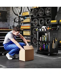 Homcom 3-Tier Rolling Tool Cart, Utility Cart with Side Shelf & Hook