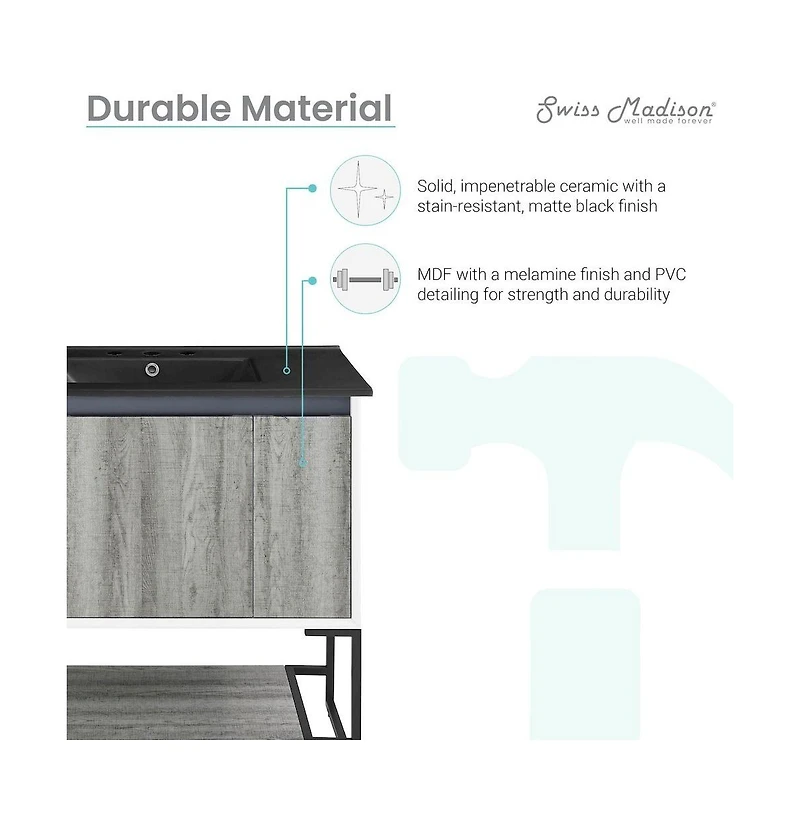 Swiss MadisonMarseille 36 in. Gray Bathroom Vanity With Black, 3-Hole Ceramic Sink Top