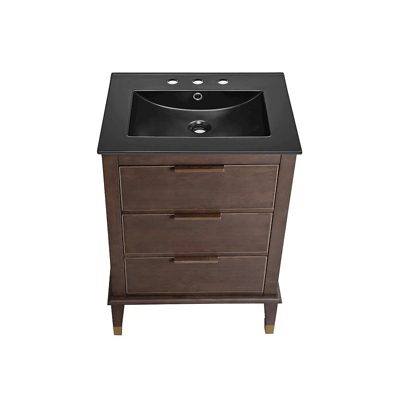 Swiss Madison Hugo 24 in. Brown Oak Bathroom Vanity With Black, 3-Hole Ceramic Sink Top