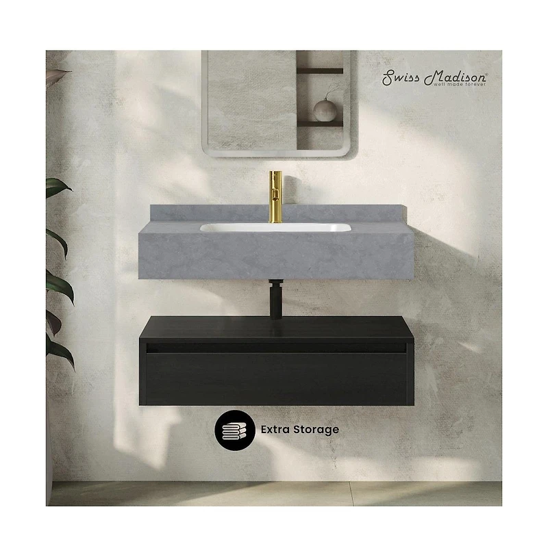 Swiss Madison 36" Wall-Mounted Bathroom Vanity in Black Oak with Charcoal Gray Sink Top