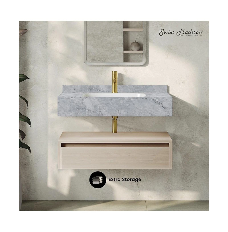 Swiss MadisonAvancer 36" Wall-Mounted Bathroom Vanity in White Oak with Storm Gray Sink Top