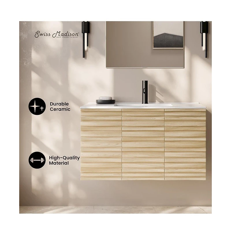 Swiss Madison Cascade 36" Wall-Mounted Bathroom Vanity in Natural Oak with Sink Top