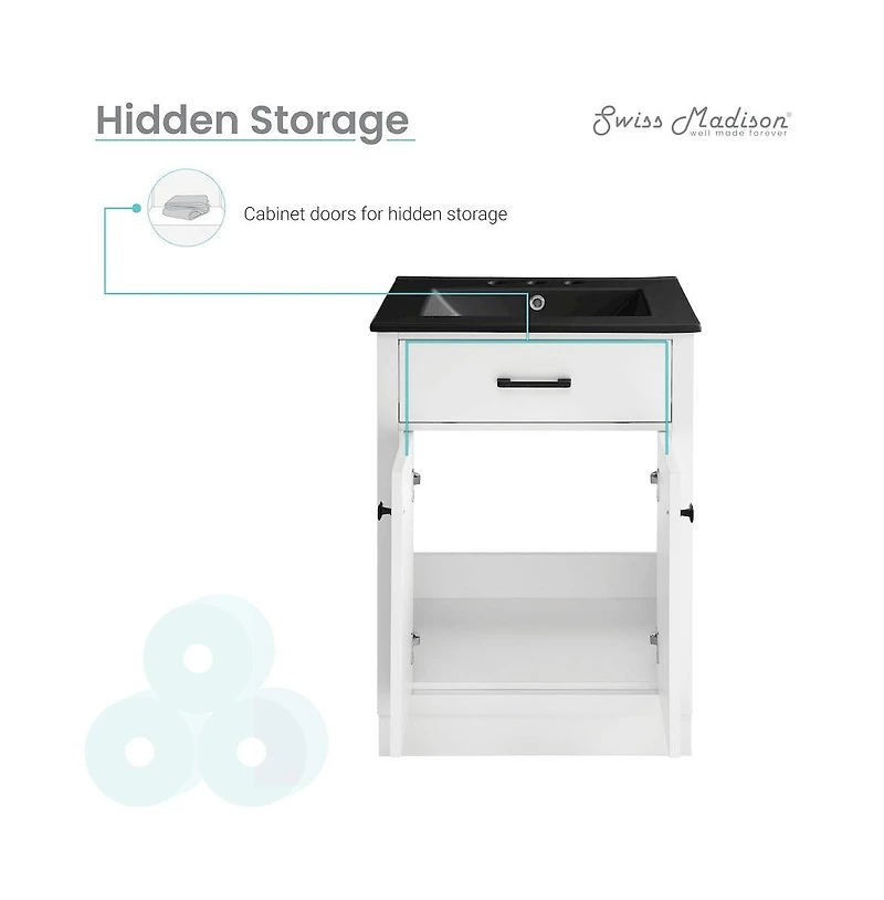 Swiss Madison Burdon 24" Freestanding Bathroom Vanity, White, Black 3-Hole Centerset Sink Top