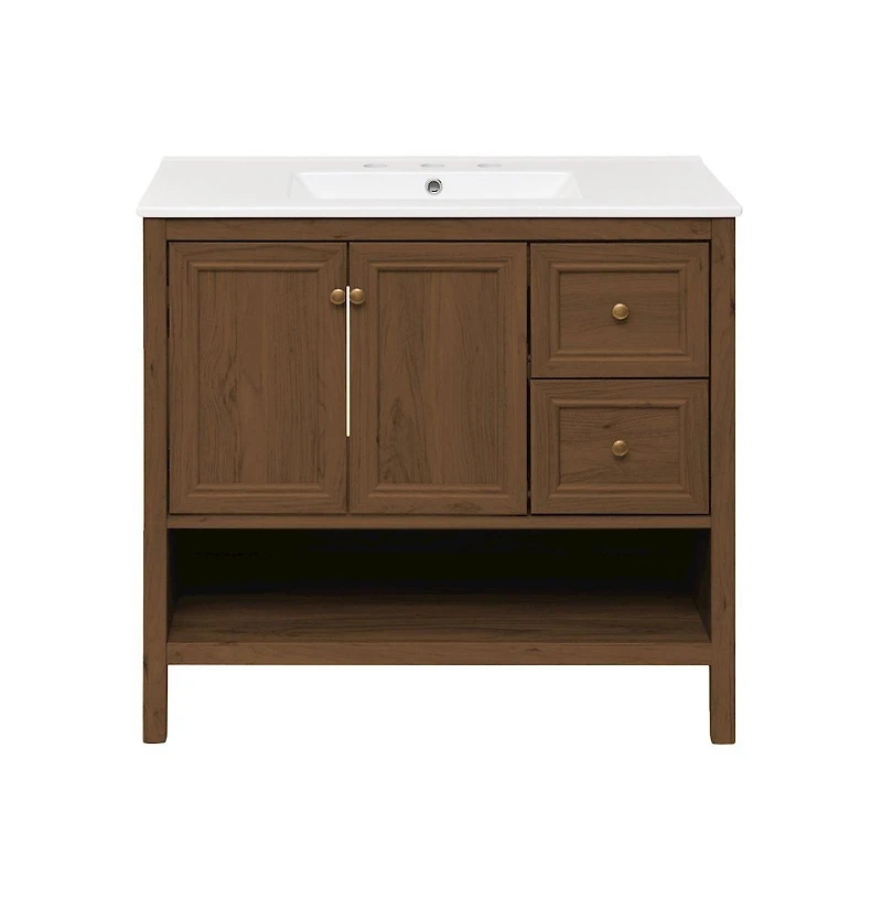 Swiss Madison 36" Freestanding Bathroom Vanity in Brown Oak with 3-Hole Widespread Sink Top