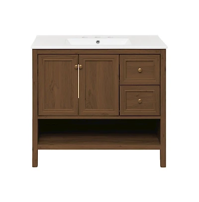 Swiss Madison 36" Freestanding Bathroom Vanity in Brown Oak with 3-Hole Widespread Sink Top