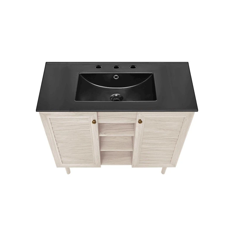 Swiss Madison36" Freestanding Bathroom Vanity in White Oak, Black 3-Hole Widespread Sink Top