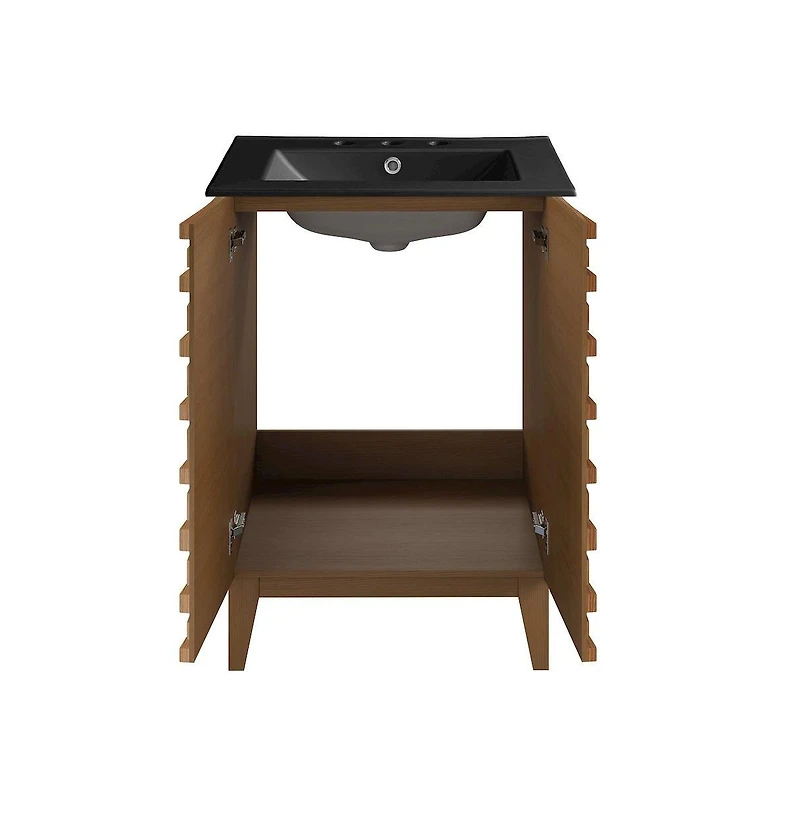 Cascade 24 in. Brown Oak Bathroom Vanity With Black, 3-Hole Ceramic Sink Top