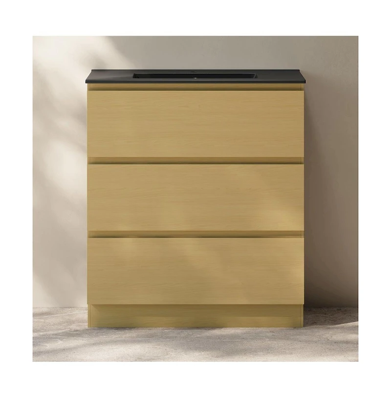 Swiss Madison Liberte 30" Freestanding Bathroom Vanity in Natural Oak with Black Sink Top