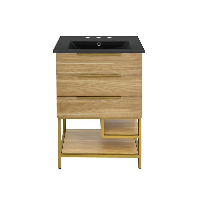 Swiss Madison Carre 24 in. White Oak Bathroom Vanity With Black, 3-Hole Ceramic Sink Top