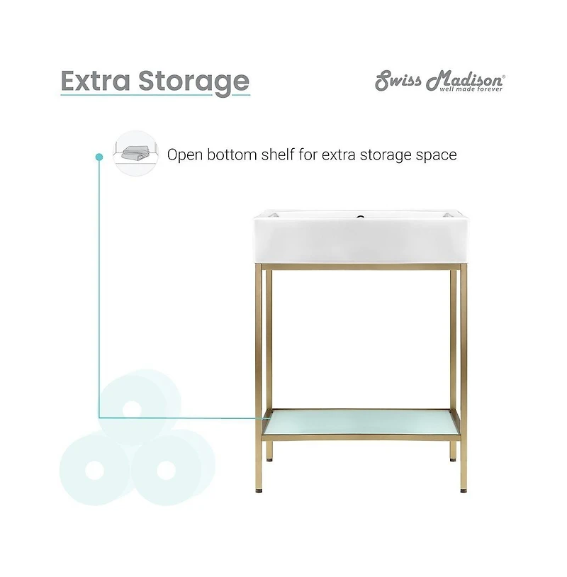 Swiss Madison Pierre 24 Single, Freestanding, Open Shelf, Gold Metal Frame Bathroom Vanity